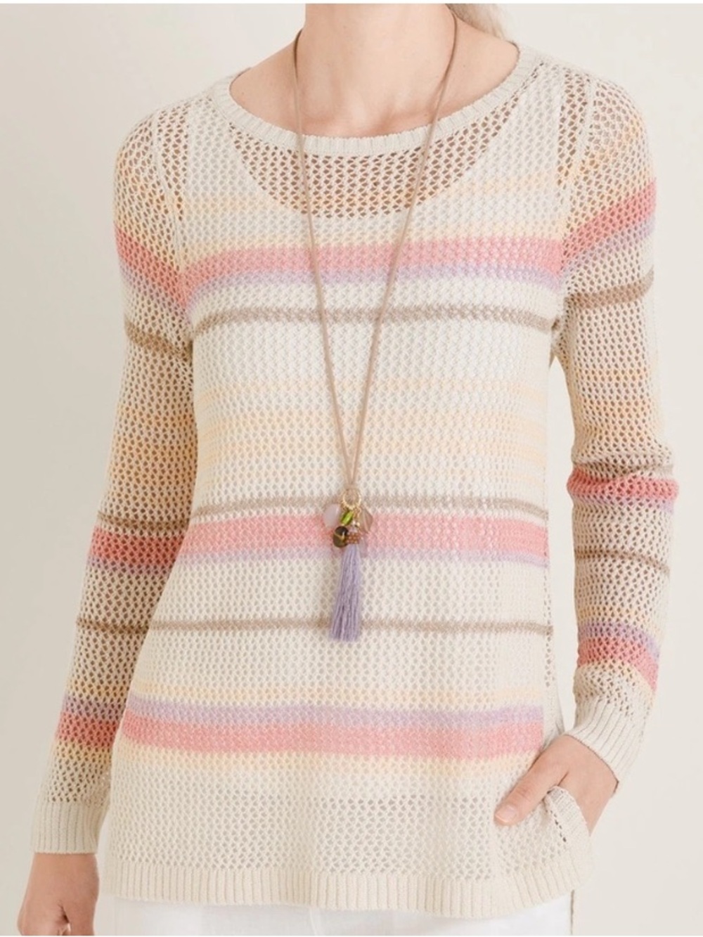 Chico’s Cream Open-Knit Sweater with Pink & Tan Stripes Size 1/US M Cotton Blend